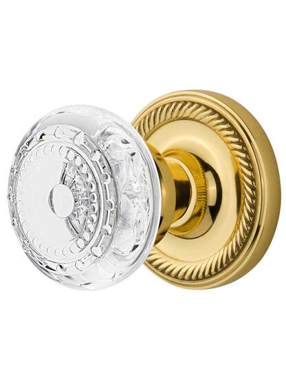 Rope Rosette Door Set with Meadows Crystal-Glass Knobs - 2 3/4 in Polished Brass.